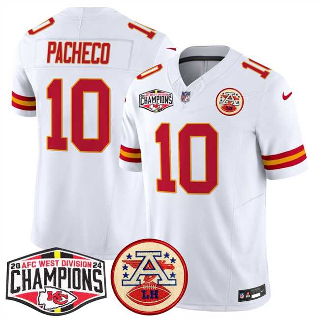 Mens Kansas City Chiefs #10 Isiah Pachecoy White F.U.S.E. 2024 AFC West Division Champions Vapor Limited Stitched Jersey